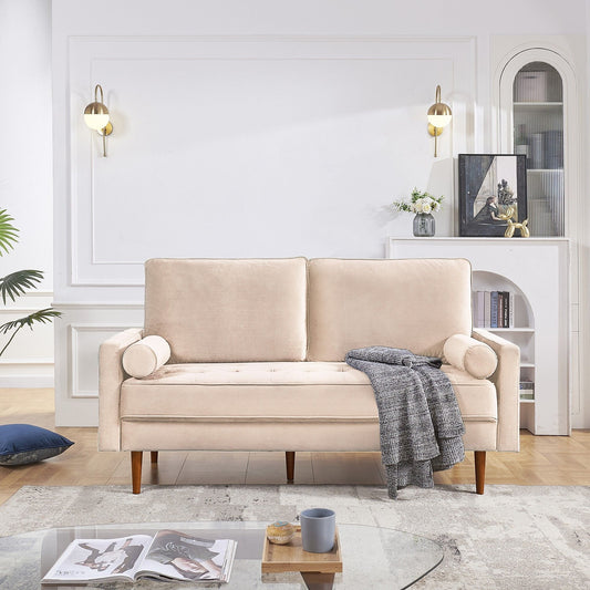 69" Beige Velvet Sofa And Toss Pillows With Dark Brown Legs