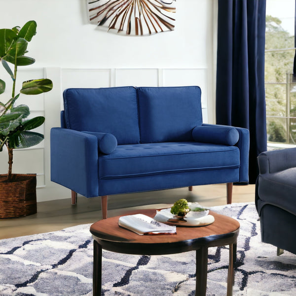 57 Blue And Dark Brown Velvet Loveseat and Toss Pillows