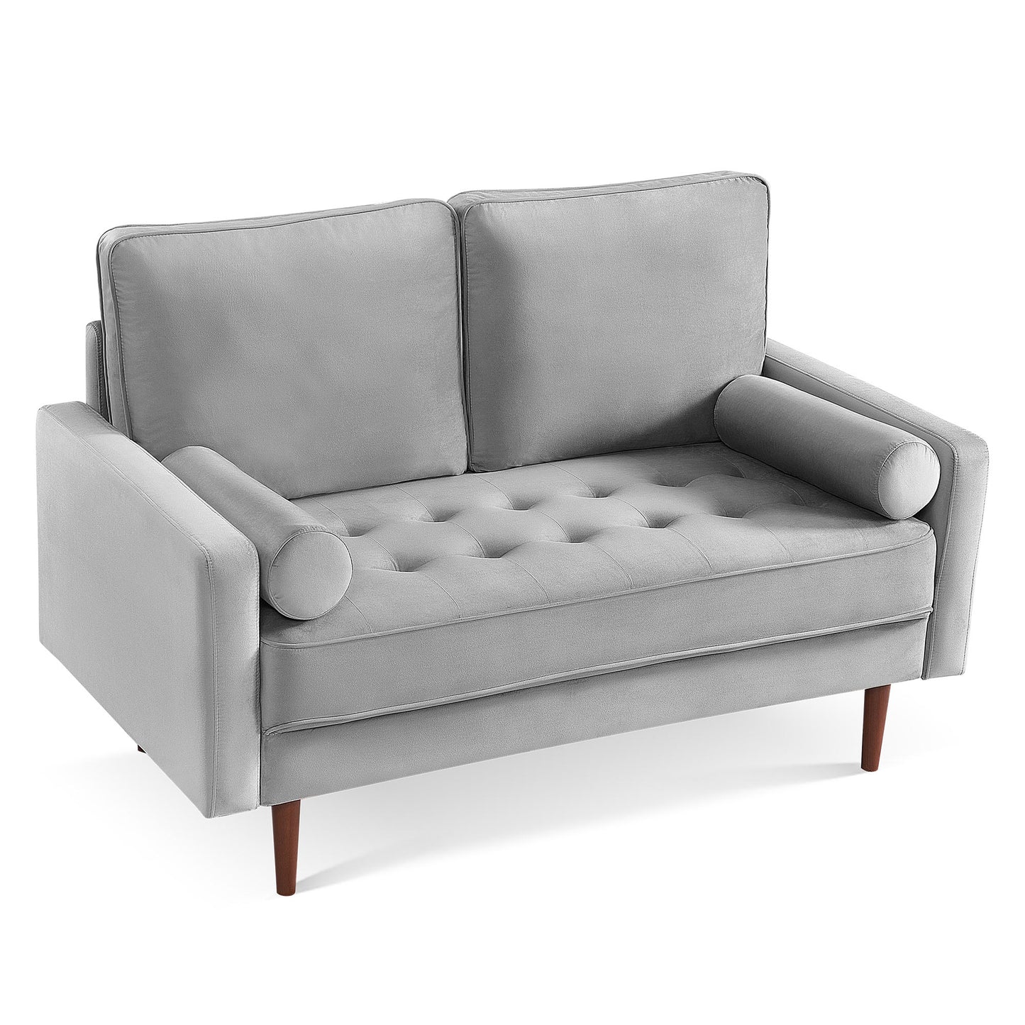 57" Gray And Dark Brown Velvet Loveseat and Toss Pillows