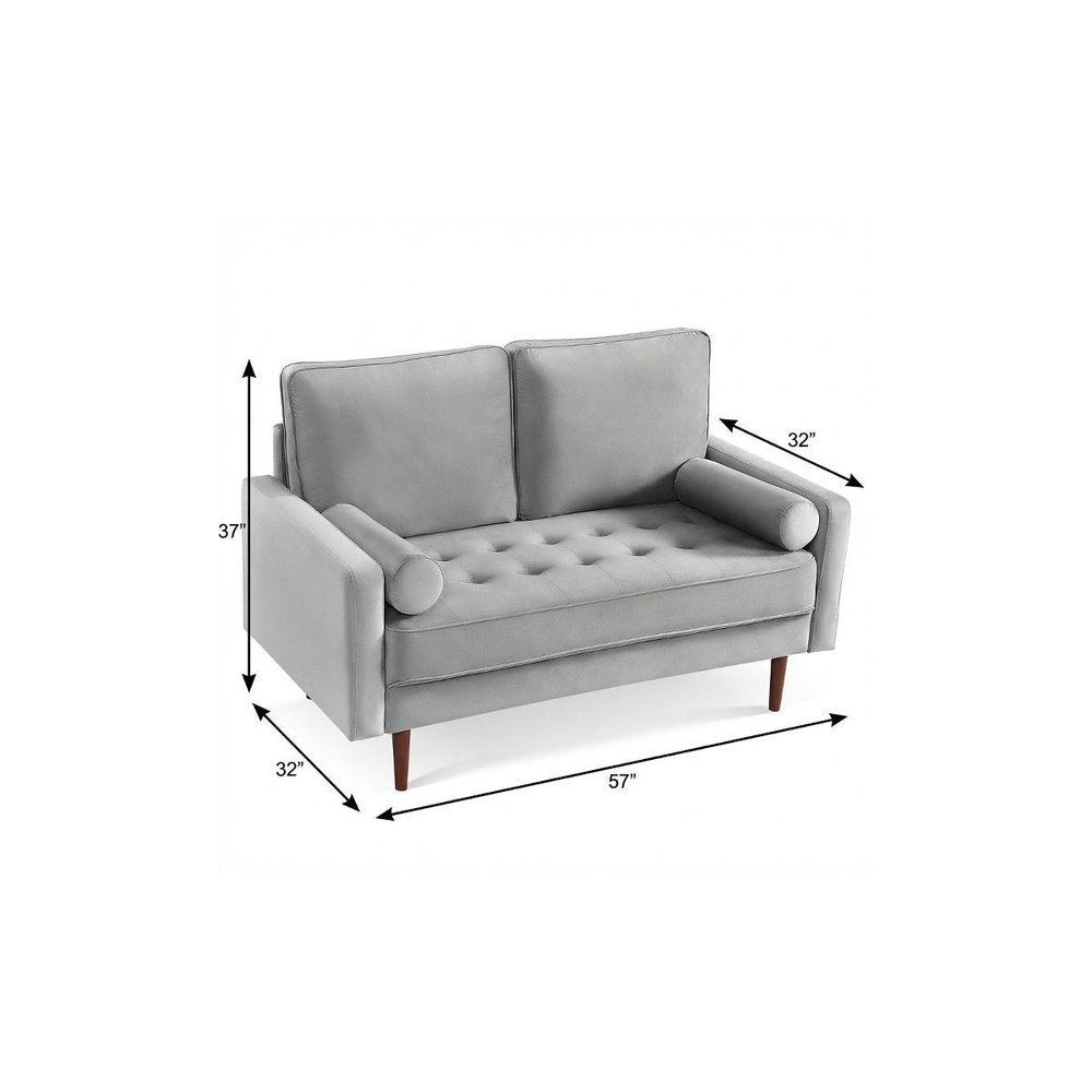 57" Gray And Dark Brown Velvet Loveseat and Toss Pillows