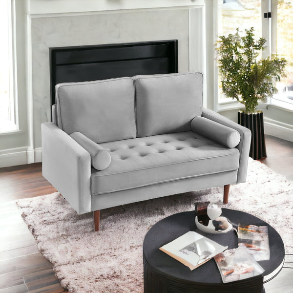 57 Gray And Dark Brown Velvet Loveseat and Toss Pillows