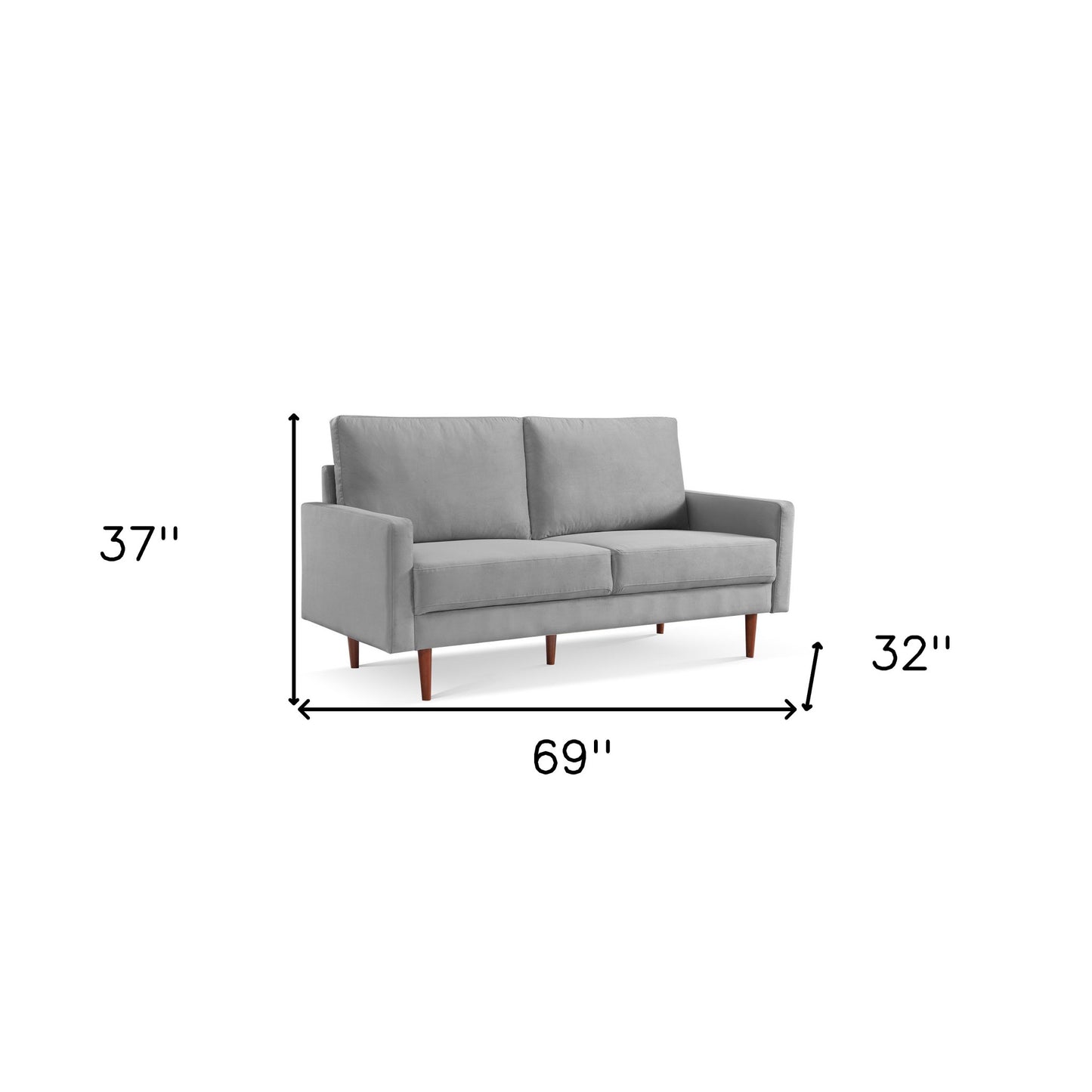 69" Gray Velvet Sofa With Dark Brown Legs