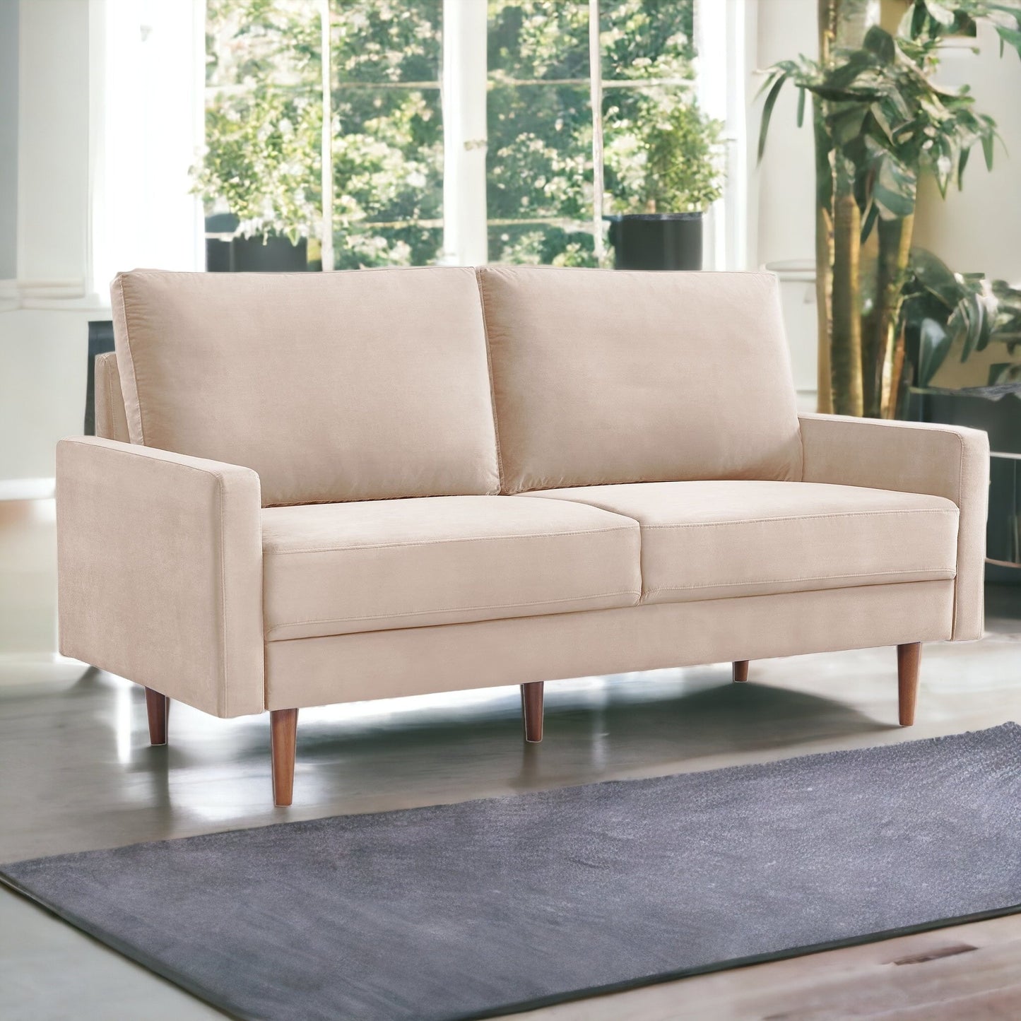 69" Beige Velvet Sofa With Dark Brown Legs