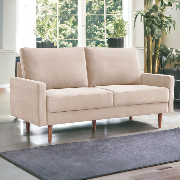 69 Beige Velvet Sofa With Dark Brown Legs