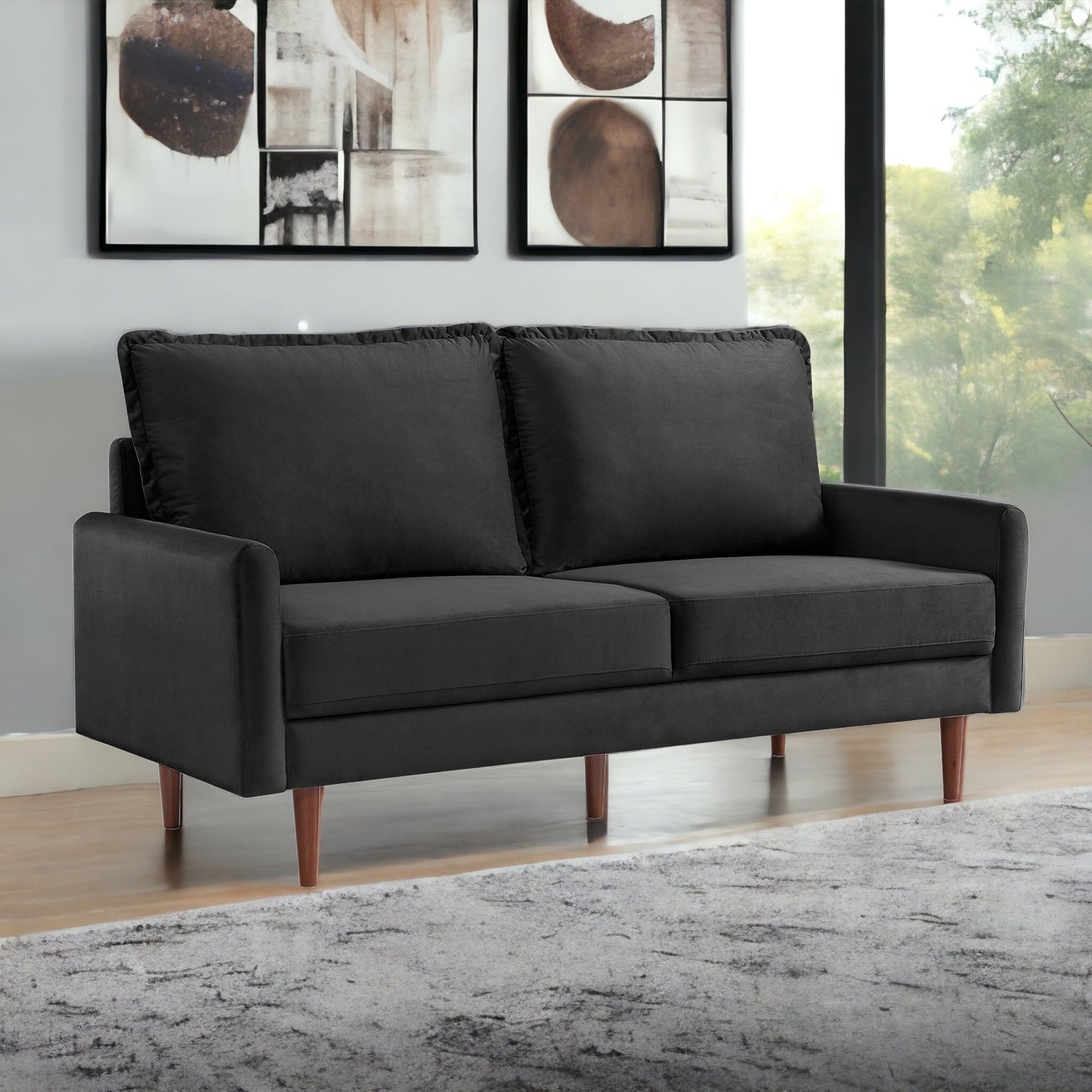 69" Black Velvet Sofa With Dark Brown Legs