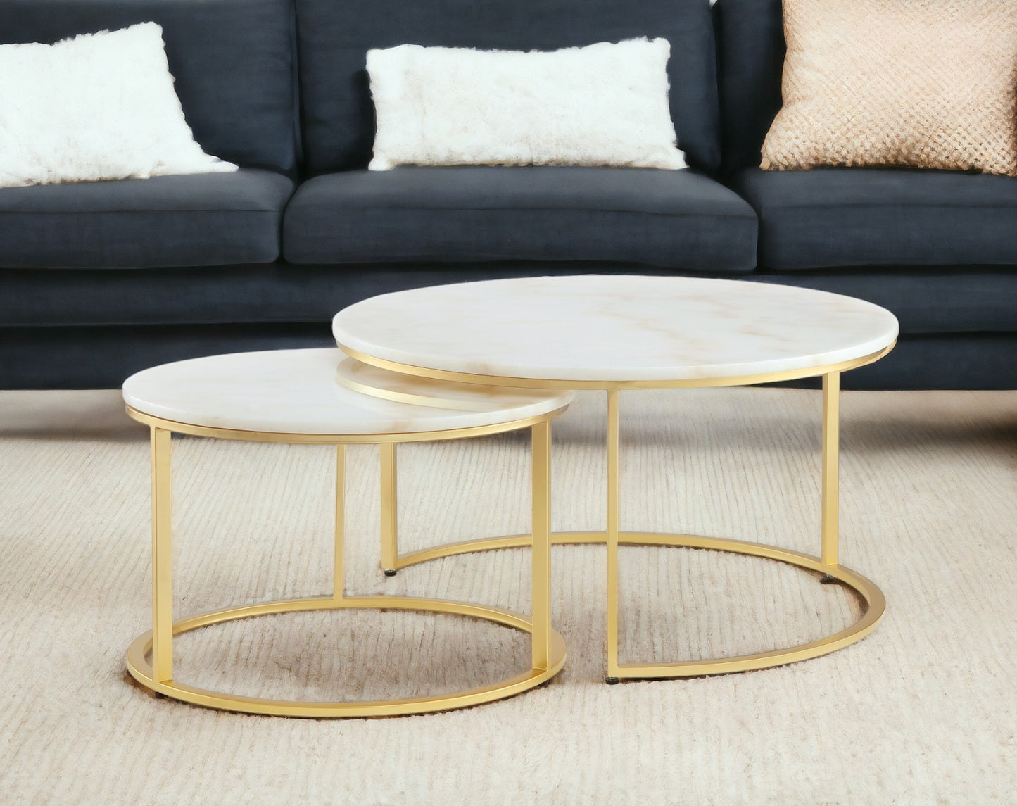 Set of Two White And Gold Genuine Marble And Iron Round Nested Coffee Tables