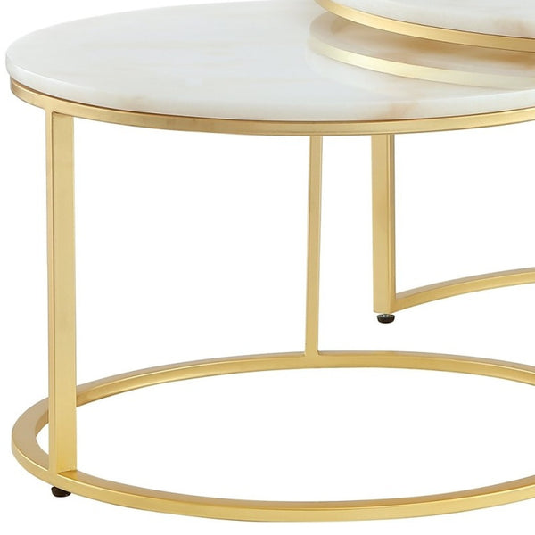 Set of Two White And Gold Genuine Marble And Iron Round Nested Coffee Tables