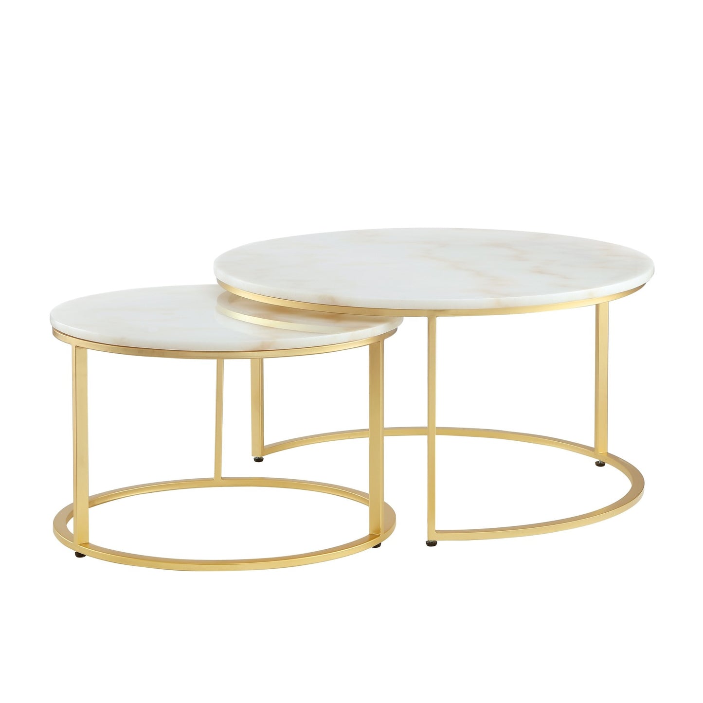 Set of Two White And Gold Genuine Marble And Iron Round Nested Coffee Tables