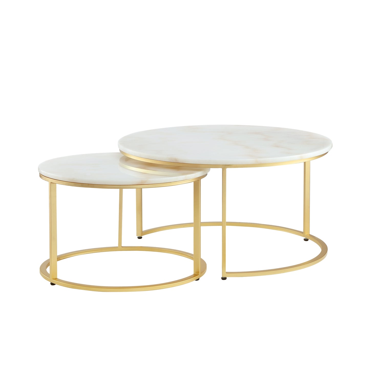 Set of Two White And Gold Genuine Marble And Iron Round Nested Coffee Tables