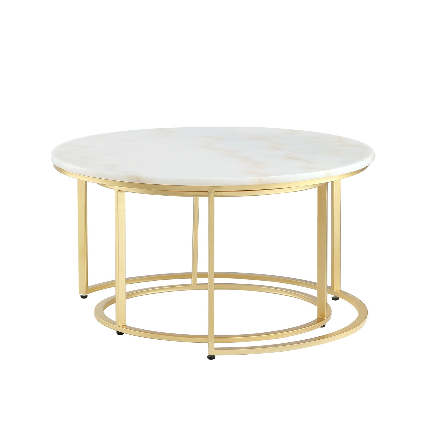 Set of Two White And Gold Genuine Marble And Iron Round Nested Coffee Tables