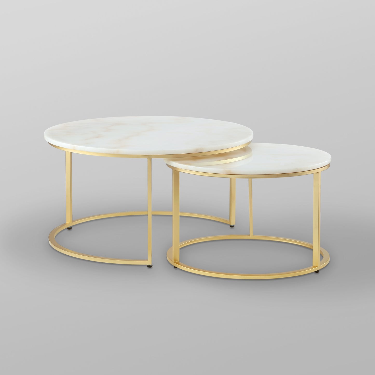 Set of Two White And Gold Genuine Marble And Iron Round Nested Coffee Tables