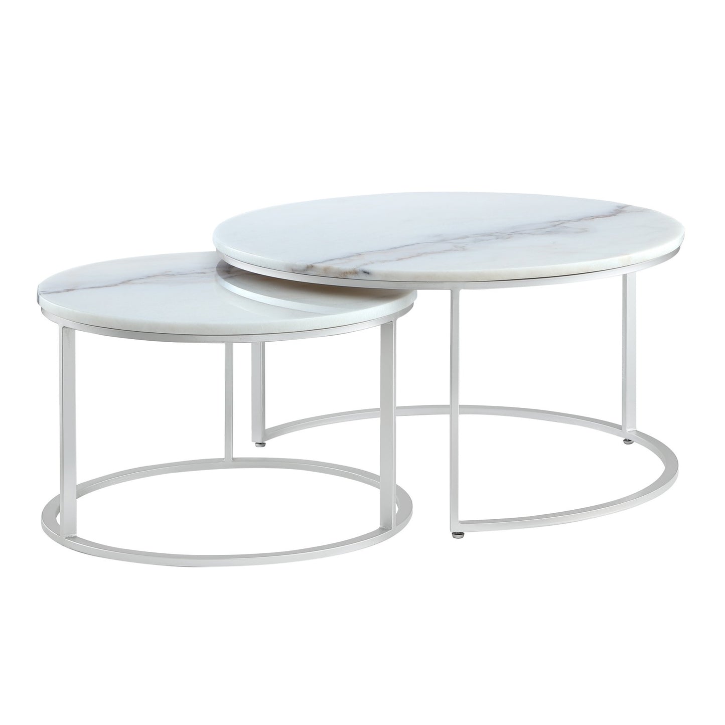 Set of Two White And Gold Genuine Marble And Iron Round Nested Coffee Tables