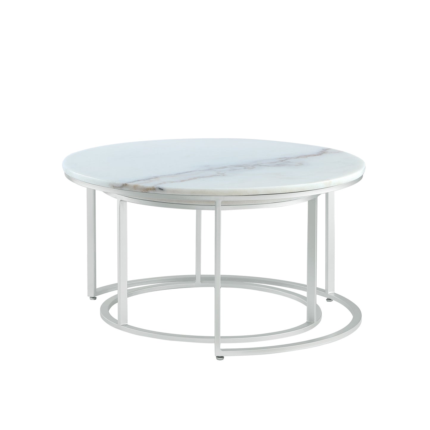 Set of Two White And Gold Genuine Marble And Iron Round Nested Coffee Tables