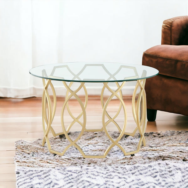 32 Clear And Gold Glass And Iron Round Coffee Table