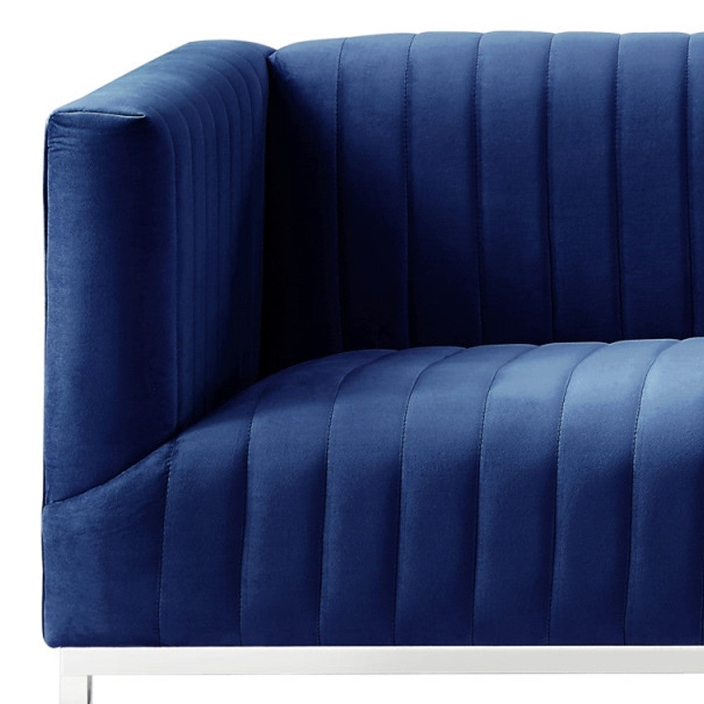 85" Navy Blue Velvet Sofa With Silver Legs