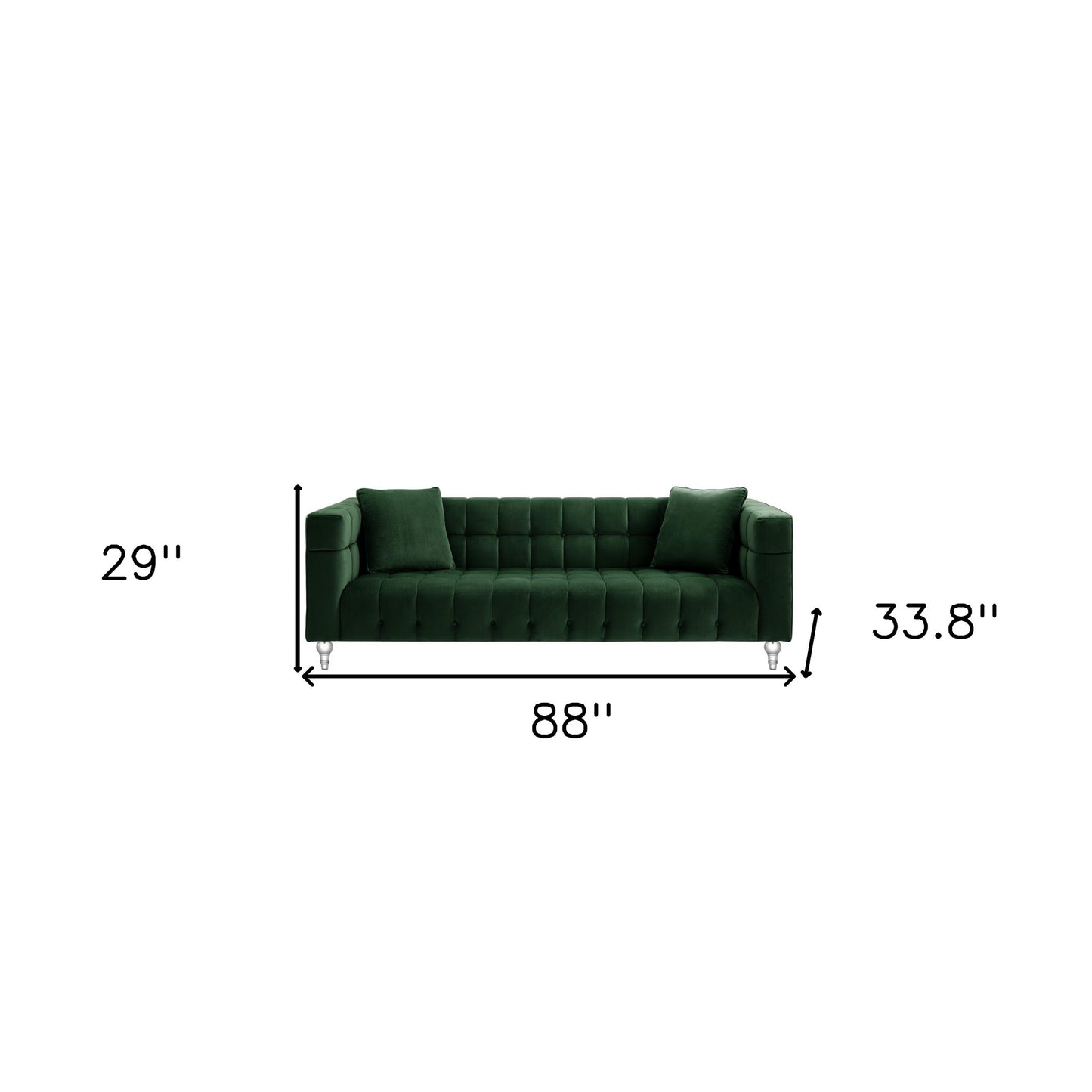 88" Hunter Green Velvet Sofa And Toss Pillows With Clear Legs