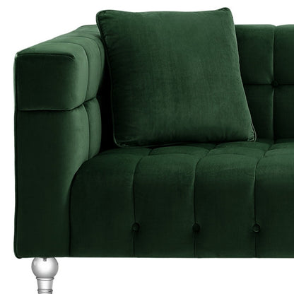 88" Hunter Green Velvet Sofa And Toss Pillows With Clear Legs