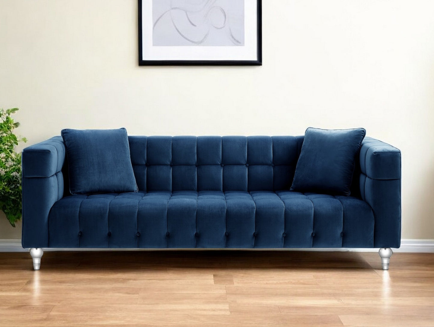 88" Hunter Green Velvet Sofa And Toss Pillows With Clear Legs