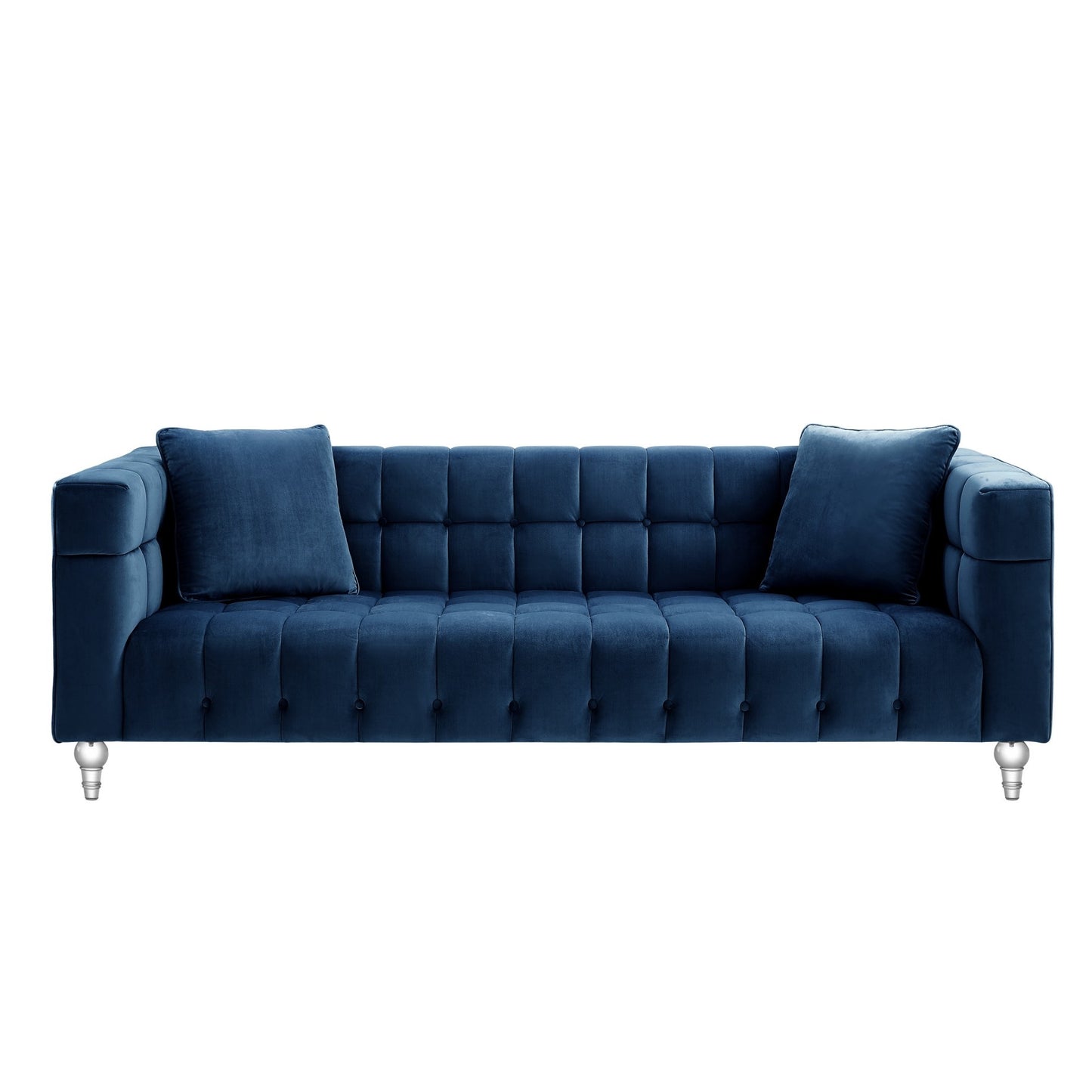 88" Hunter Green Velvet Sofa And Toss Pillows With Clear Legs