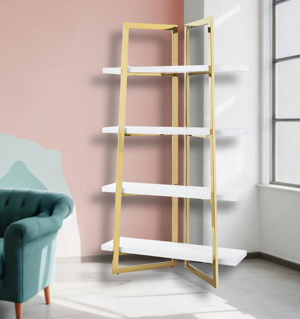 69 White Stainless Steel Four Tier Etagere Bookcase