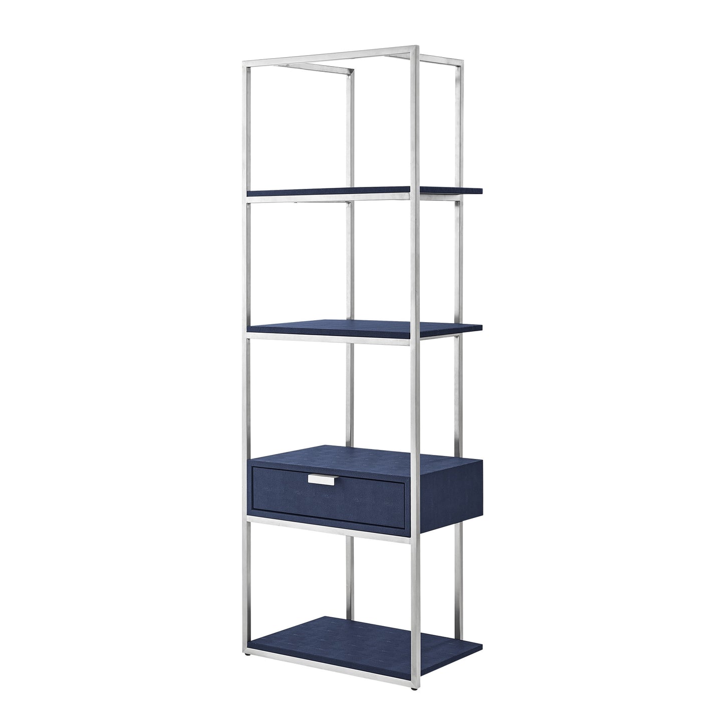 68" Gray Stainless Steel Four Tier Etagere Bookcase with a drawer