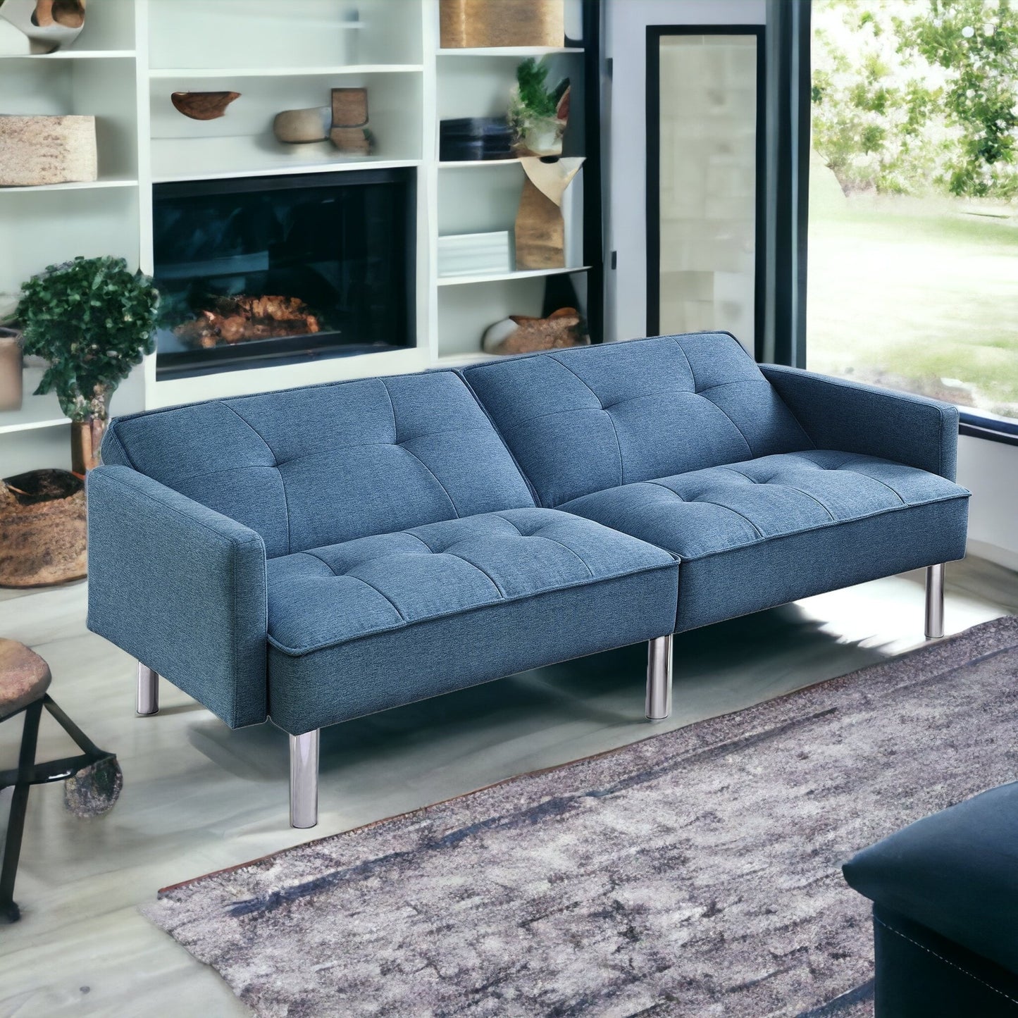 85" Blue Polyester Blend Convertible Futon Sleeper Sofa And Toss Pillows With Silver Legs