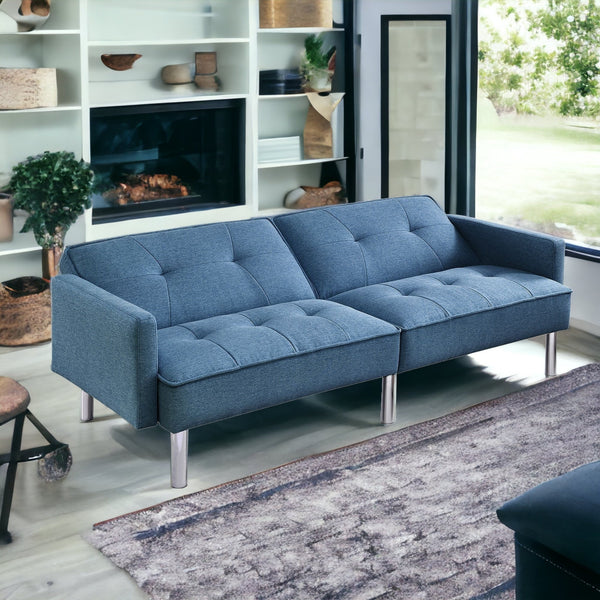 85 Blue Polyester Blend Convertible Futon Sleeper Sofa And Toss Pillows With Silver Legs