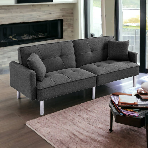 85 Dark Gray Polyester Blend Convertible Futon Sleeper Sofa And Toss Pillows With Silver Legs