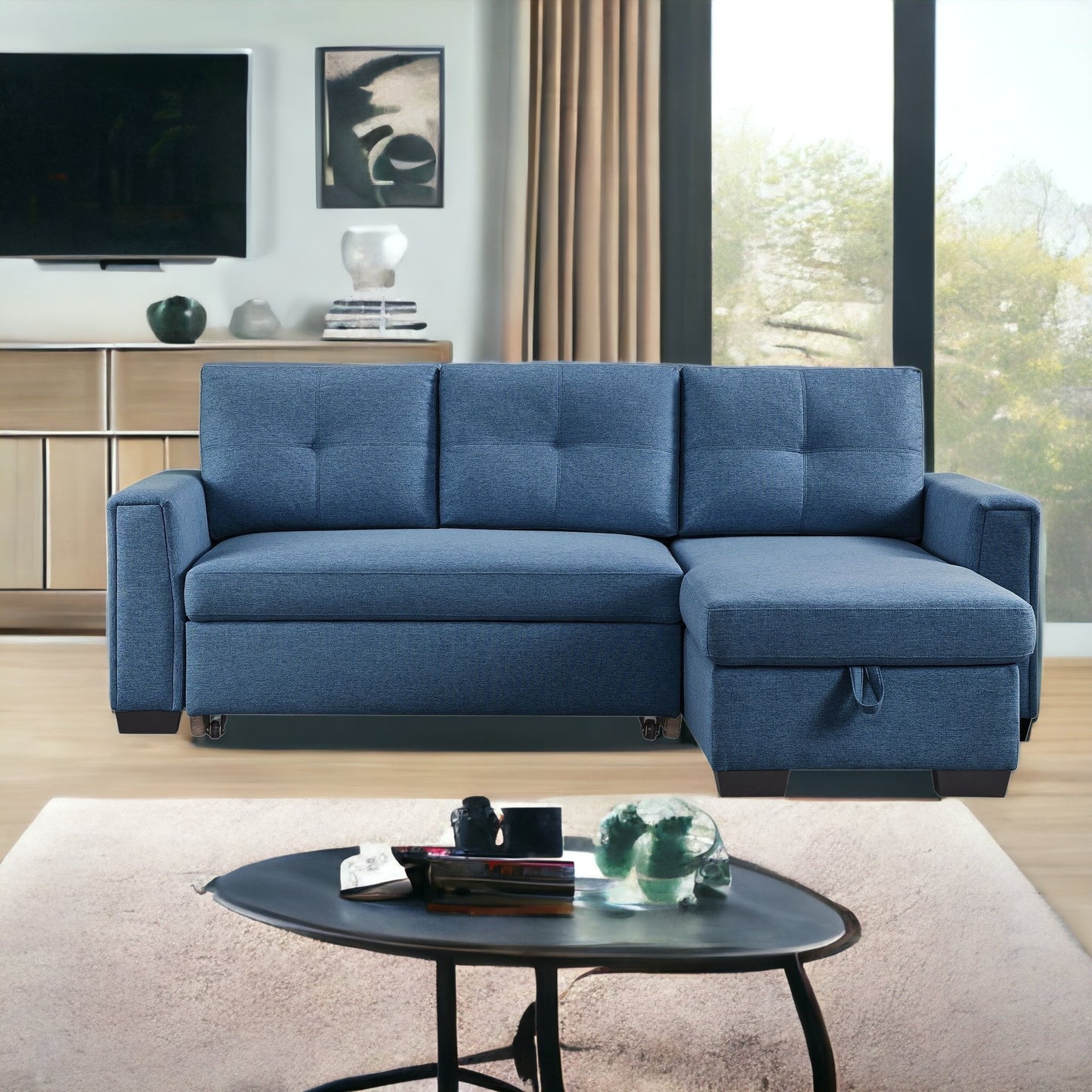 92" Blue Polyester Blend Convertible Futon Sleeper Sofa With Black Legs