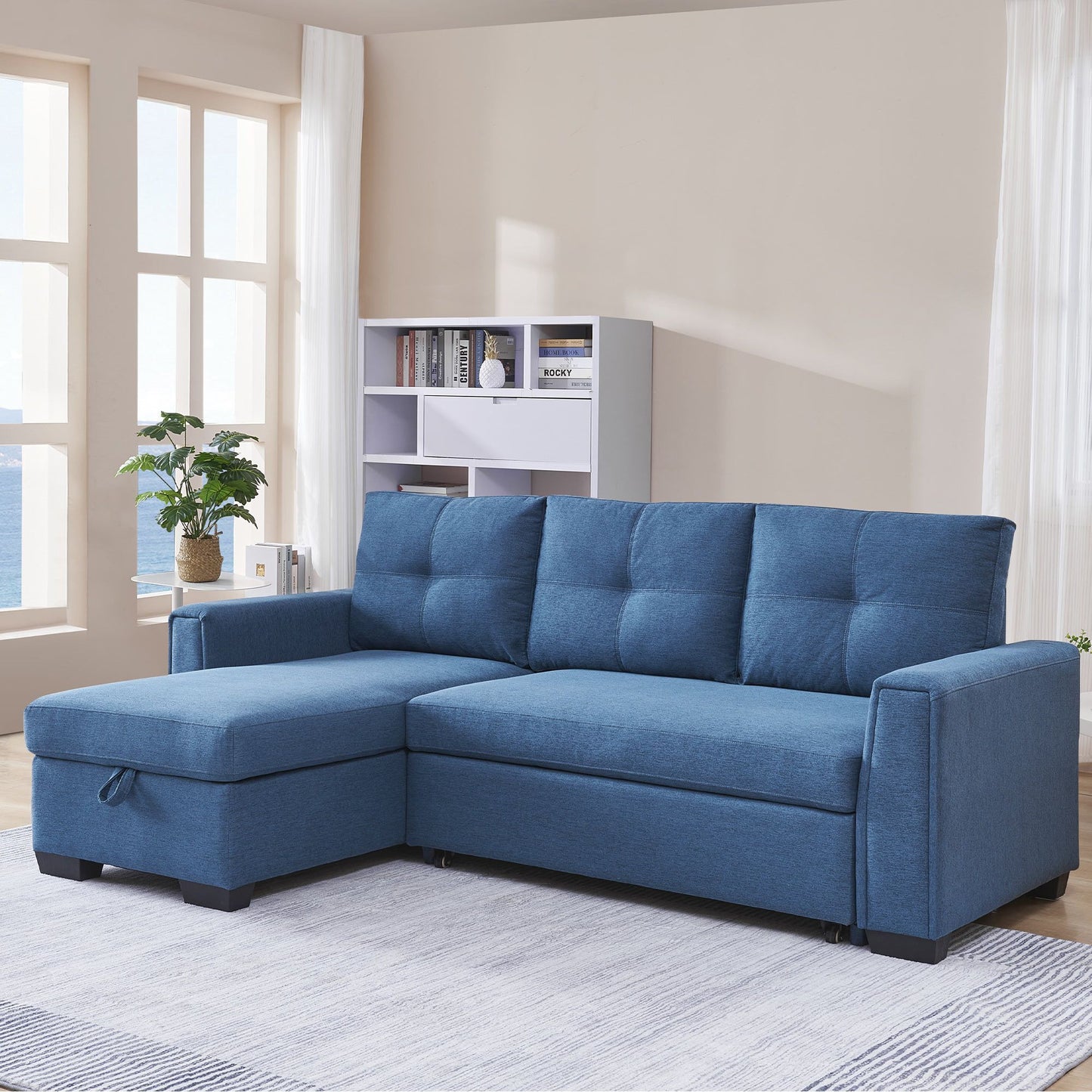 92" Blue Polyester Blend Convertible Futon Sleeper Sofa With Black Legs