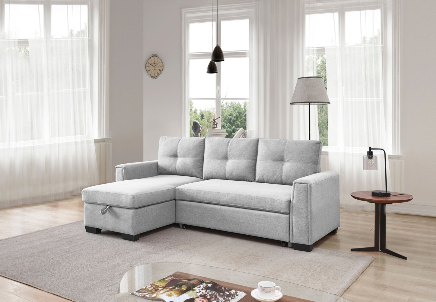 92" Light Gray Polyester Blend Convertible Futon Sleeper Sofa With Black Legs