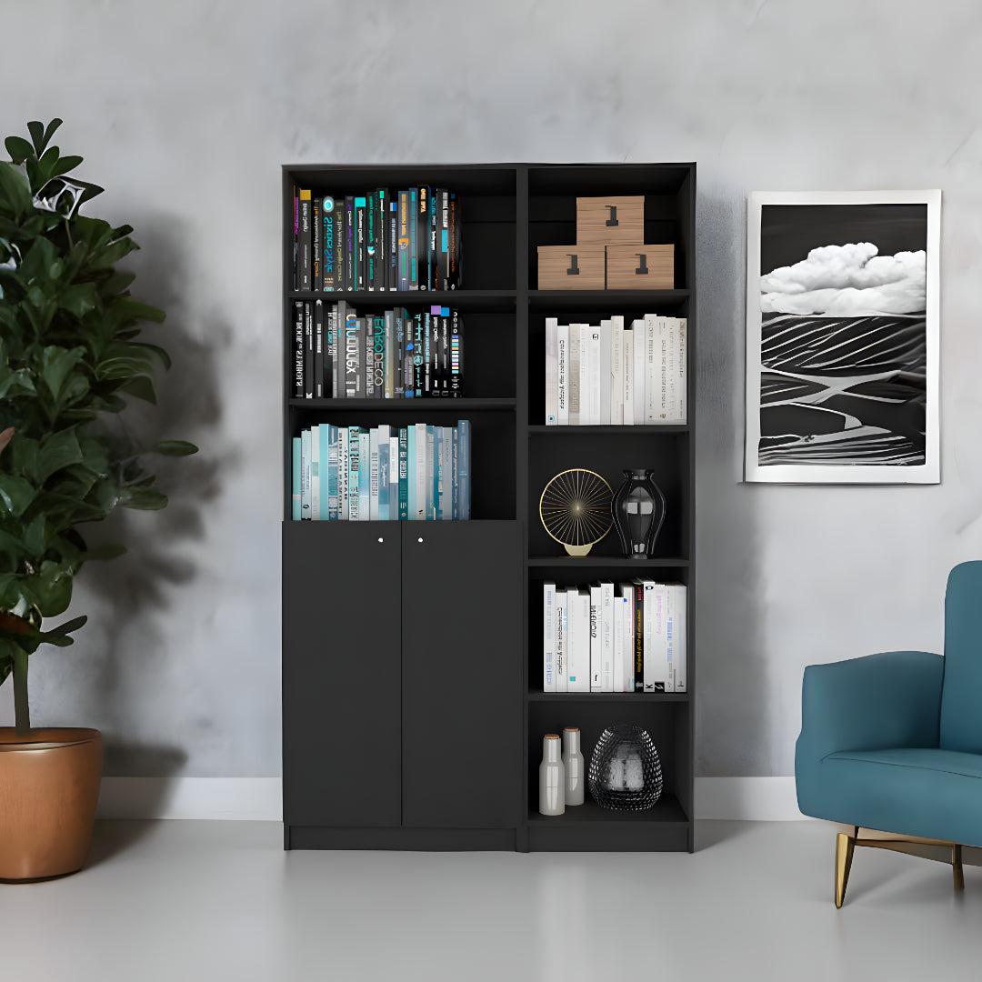 71" Black Five Tier Bookcase with Two doors