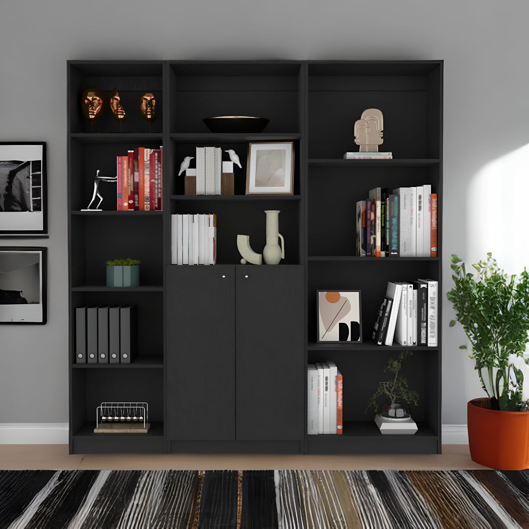 71" Black Five Tier Bookcase with Two doors