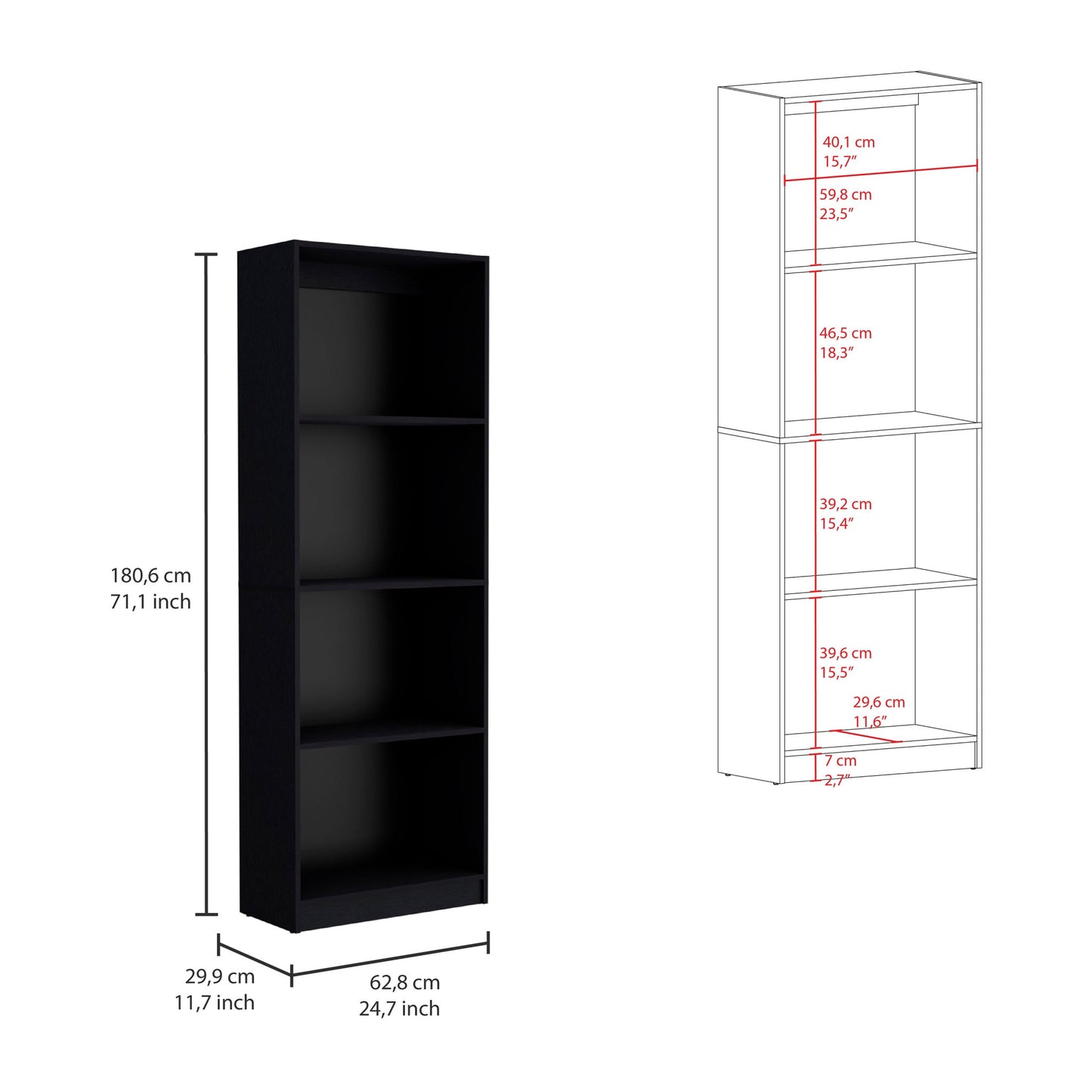 71" Black Five Tier Bookcase