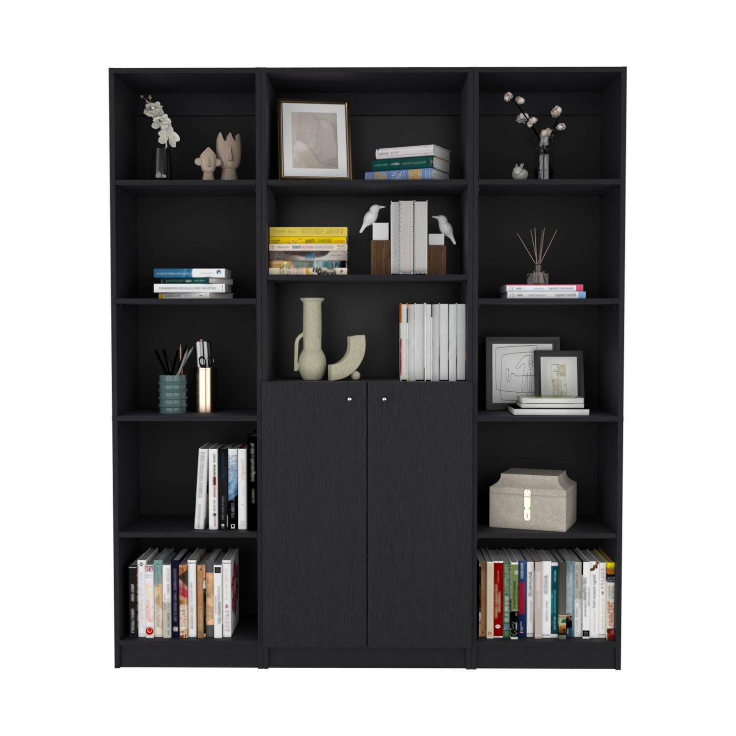 71" Black Five Tier Bookcase with Two doors