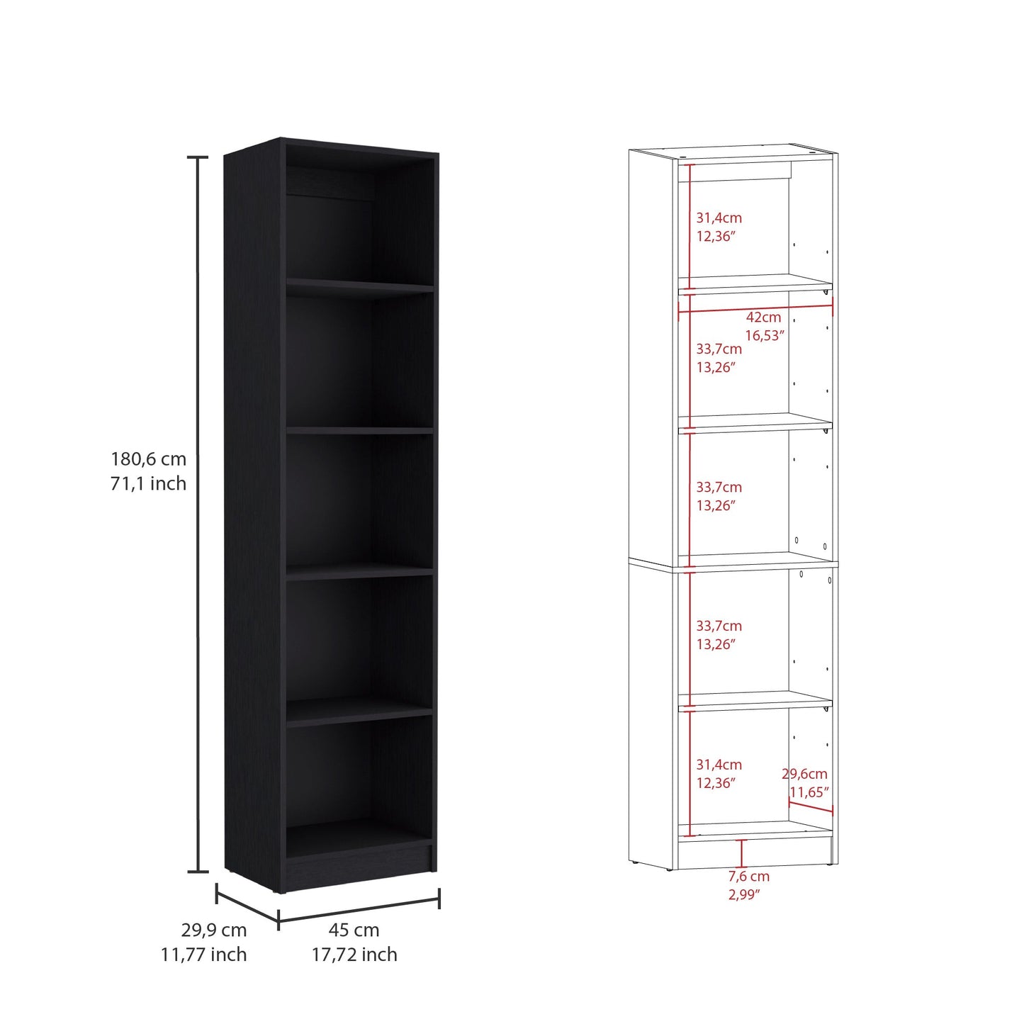 71" Black Four Tier Bookcase