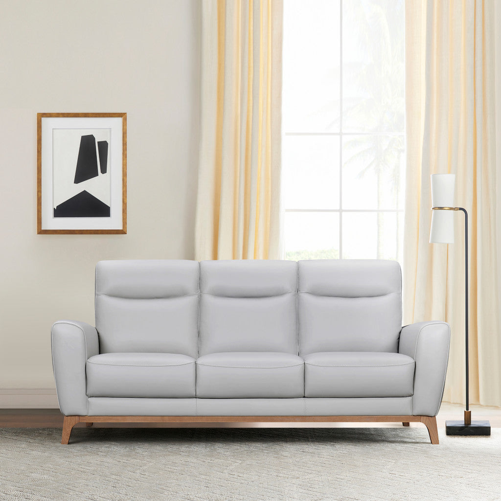 83" Gray Leather Sofa With Brown Legs