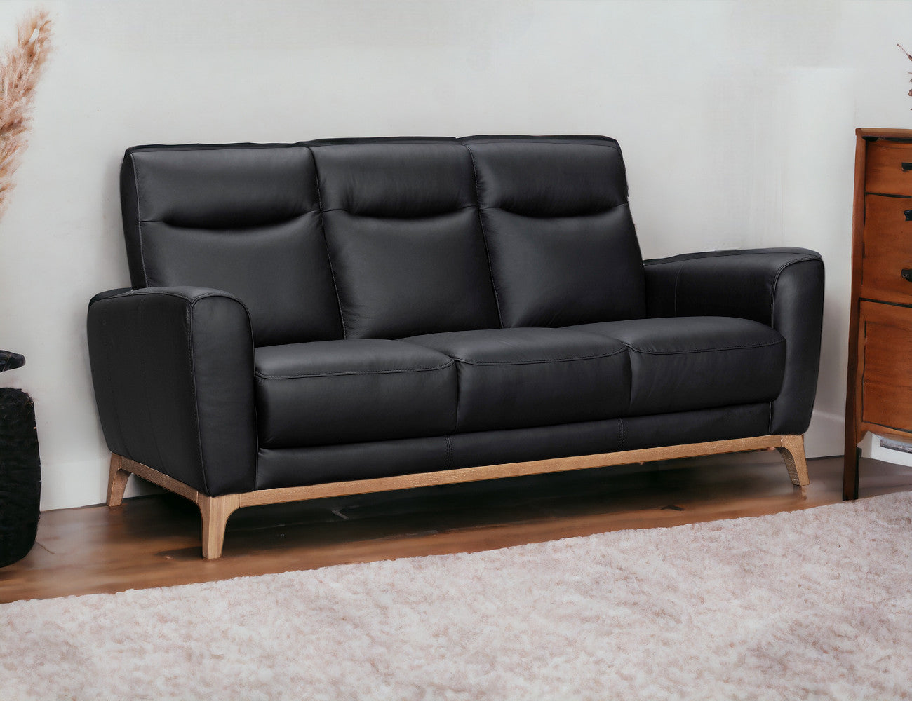 83" Black Leather Sofa With Brown Legs