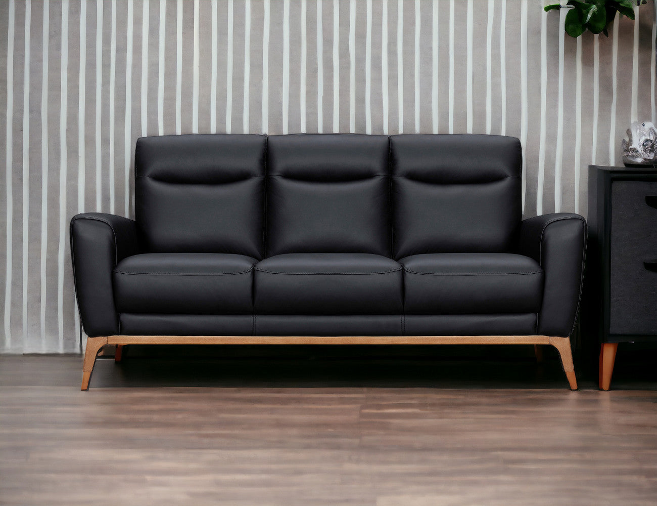 83" Black Leather Sofa With Brown Legs