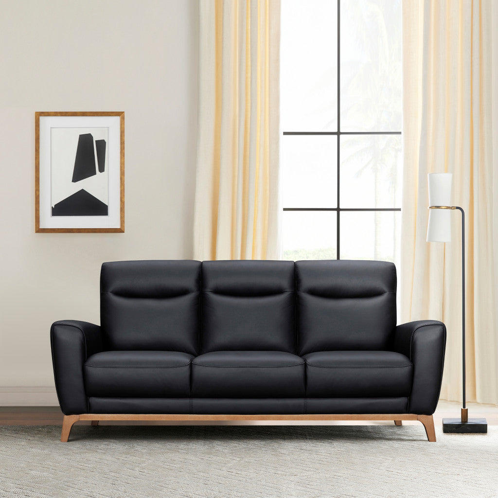 83" Black Leather Sofa With Brown Legs