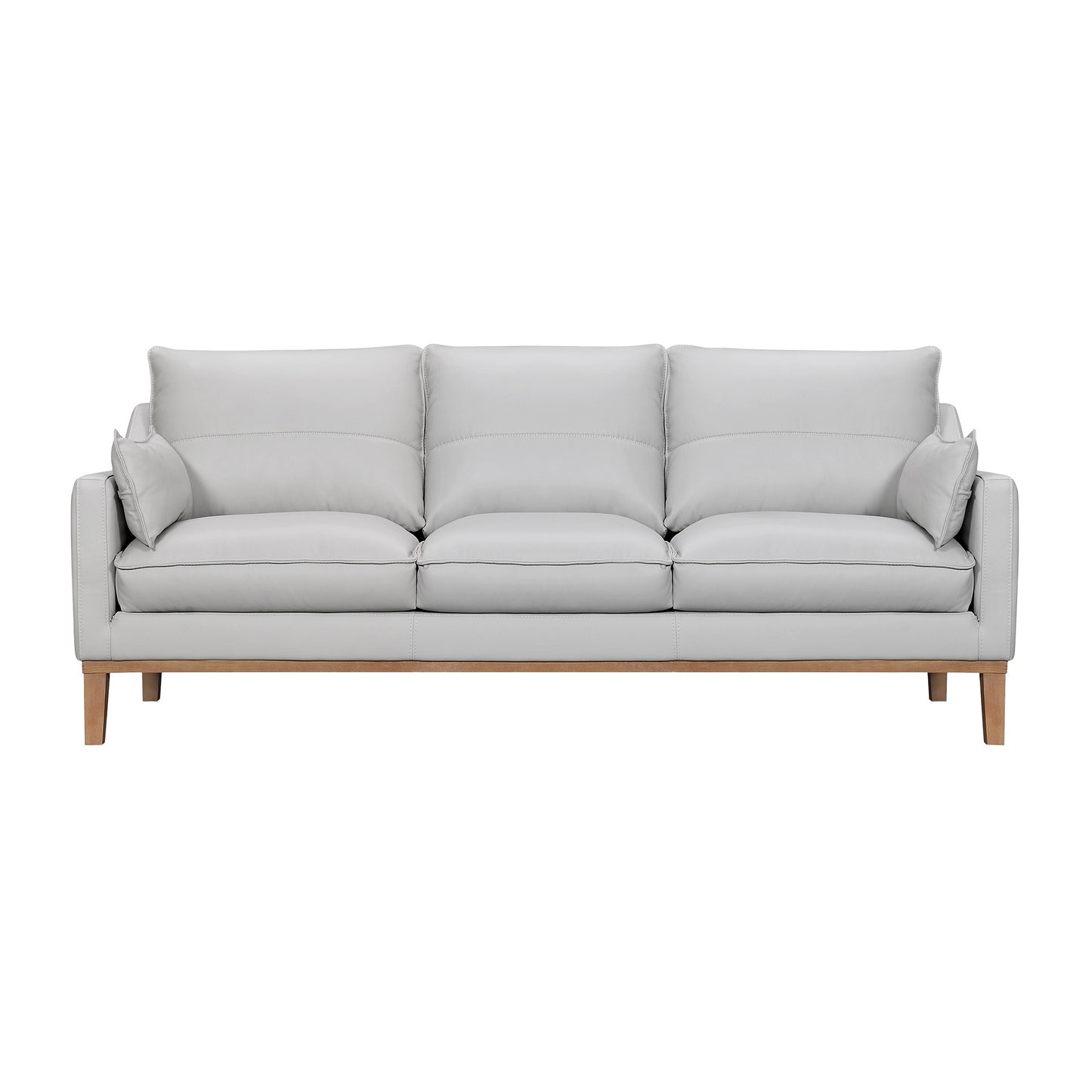 87" Gray Leather Sofa And Toss Pillows With Brown Legs