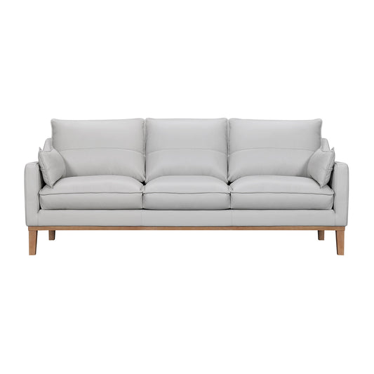 87" Gray Leather Sofa And Toss Pillows With Brown Legs