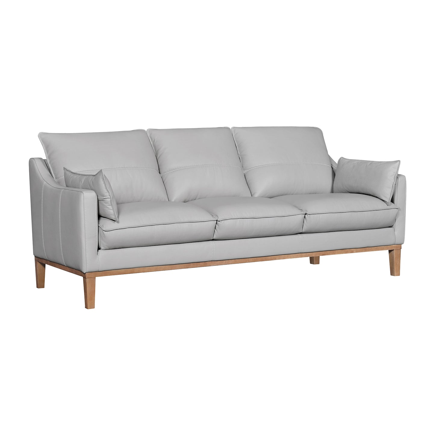 87" Gray Leather Sofa And Toss Pillows With Brown Legs