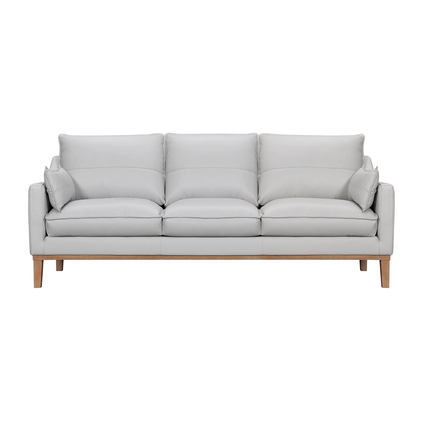 87" Gray Leather Sofa And Toss Pillows With Brown Legs