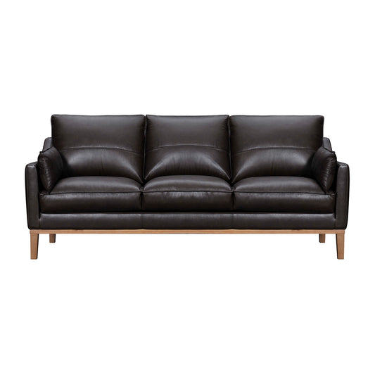 87" Dark Brown Leather Sofa And Toss Pillows With Brown Legs