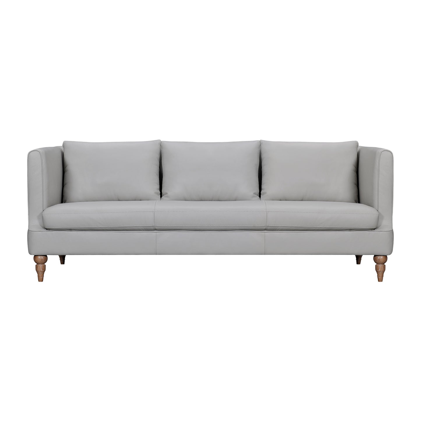 85" Gray Leather Sofa With Brown Legs