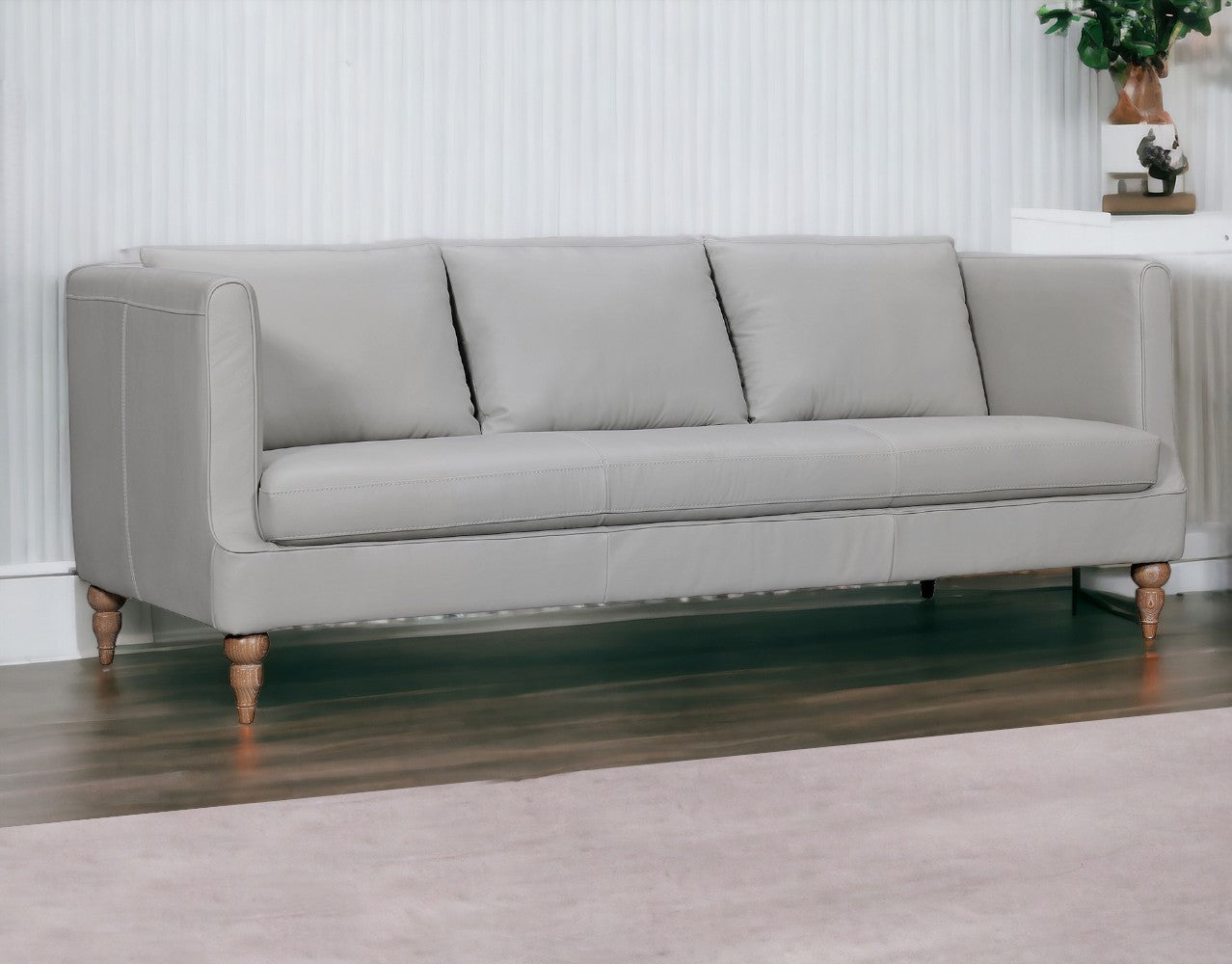 85" Gray Leather Sofa With Brown Legs