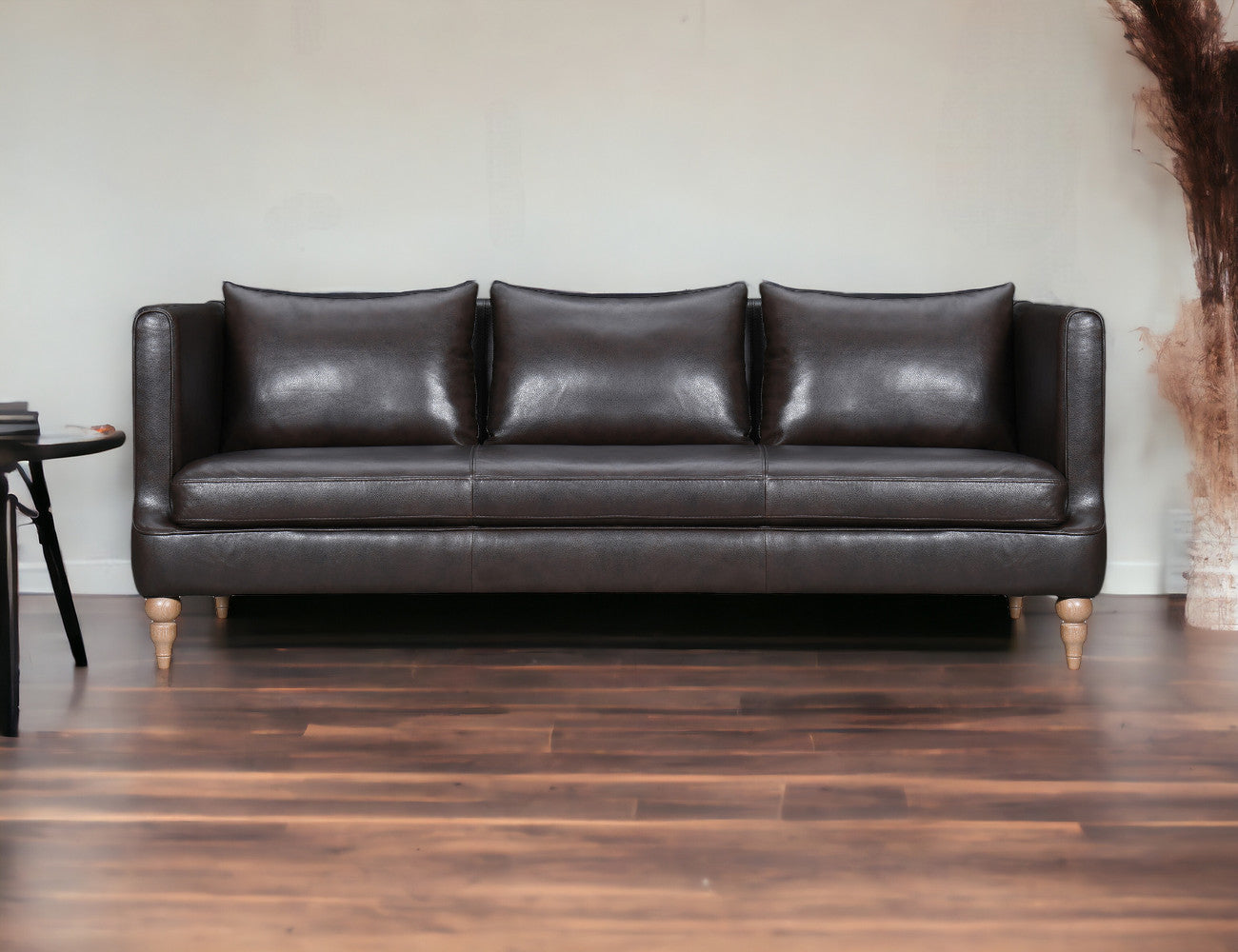 85" Dark Brown Leather Sofa With Brown Legs