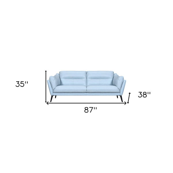 87 Sky Blue Leather Sofa With Black Legs