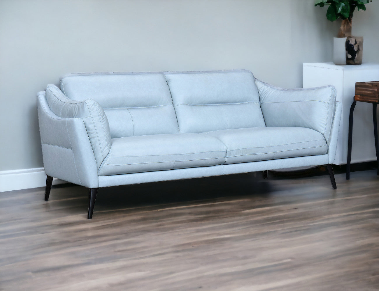 87" Sky Blue Leather Sofa With Black Legs